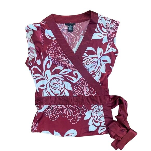 BCBG Kimono style wrap side tie red/cream flowered silk top - Picture 2 of 4